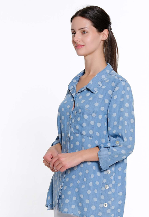 Chrissy Button Front Printed Denim Top